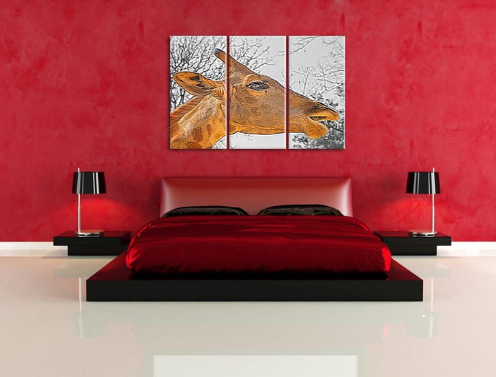 anmutige Giraffe isst schwarz/weiss Deluxe 3-Teiler Leinwandbild 120x80 Bild auf Leinwand, XXL riesi