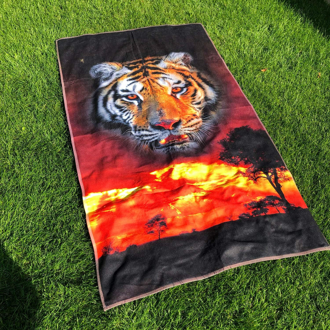ESPiCO Strandlaken Tiger Badetuch Sonnenuntergang Sonnenaufgang Savanne Afrika Tigerkopf 100 cm x 18