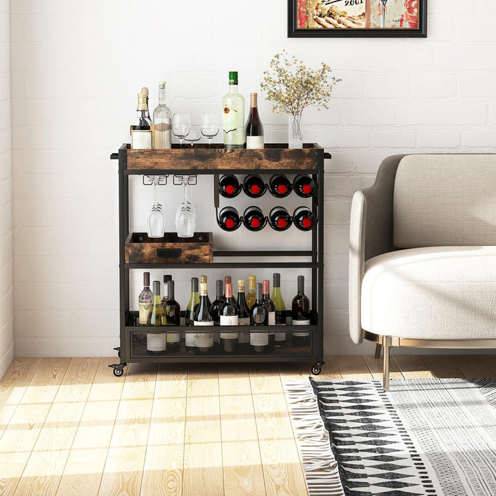 KOMFOTTEU Industrieller Küchenwagen mit herausnehmbarem Tablett, Servierwagen 3 Ebenen mit Weinregal