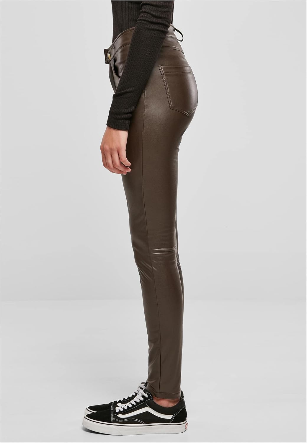 Urban Classics Damen Ladies Mid Waist Synthetic Leather Pants 27 Brown, 27 Brown