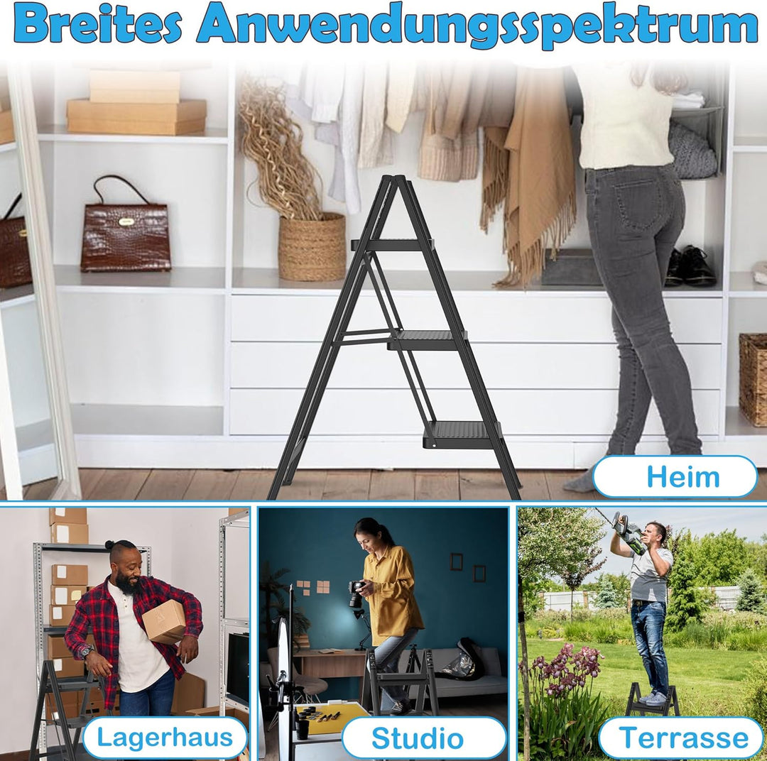Aufun Trittleiter 3 Stufen, Klappleiter mit breitem Anti-Rutsch-Pedal, Haushaltsleiter Multifunktion