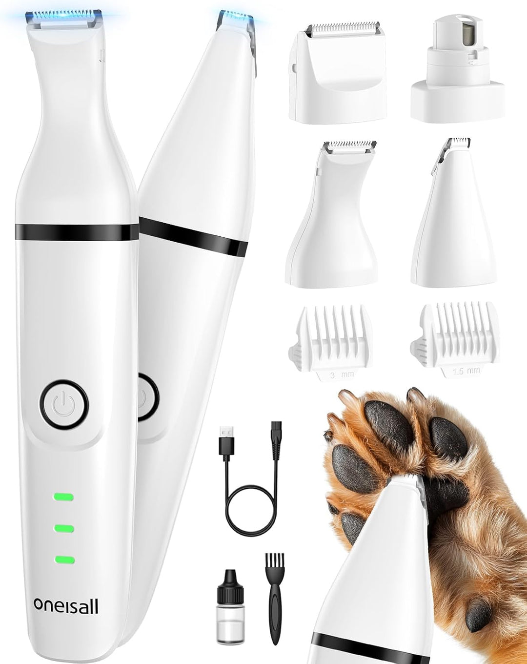 oneisall 4 in 1 Leise Schermaschine Hund Katze, Wiederaufladbar Hundeschermaschine & Pfotentrimmer &
