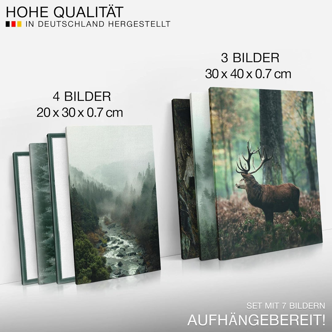 Novart Wandbilder Wald Hirsch - KOMPLETT AUFHÄNGFERTIG - Natur Grün Wohnzimmer Schlafzimmer- 7 Moder