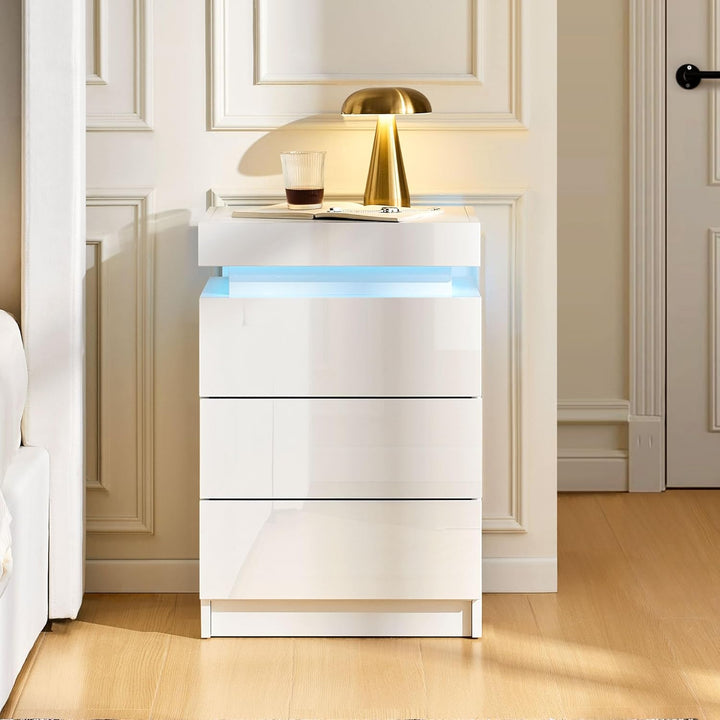 CLIPOP Nachttisch Hochglanzfront Kommode mit mit LED-Lichtern, sprachgesteuerter Lichtstreifen, 3 Sc