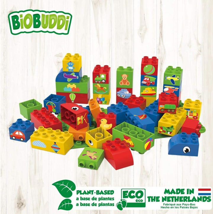 BIOBUDDI Farbige Bausteine mit Bildern für Jungs, 40 Teile, 1 Platte, 100% kompatibel mit Lego & dup