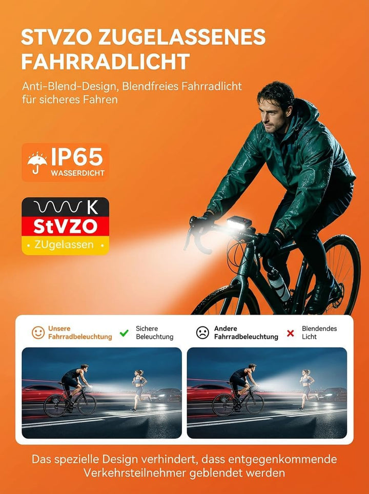 Fahrradlicht Set mit Bremslichtfunktion Superhell Extrem leicht (60g), StVZO zugelassen,USB-C Auflad