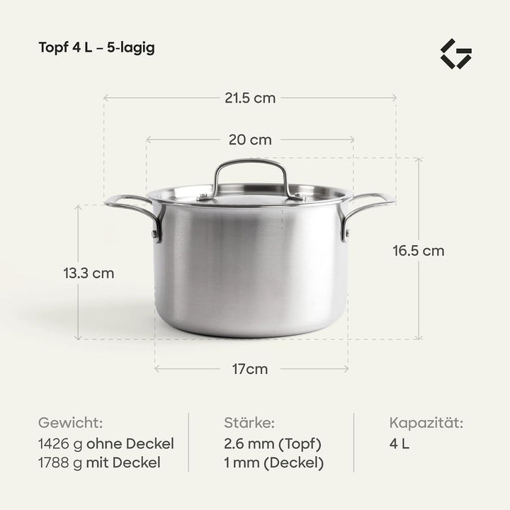 Gastrotools Edelstahl Kochtopf 4L, 20cm, 5-Schicht für gleichmässige Wärme, PFAS-frei, backofenfest