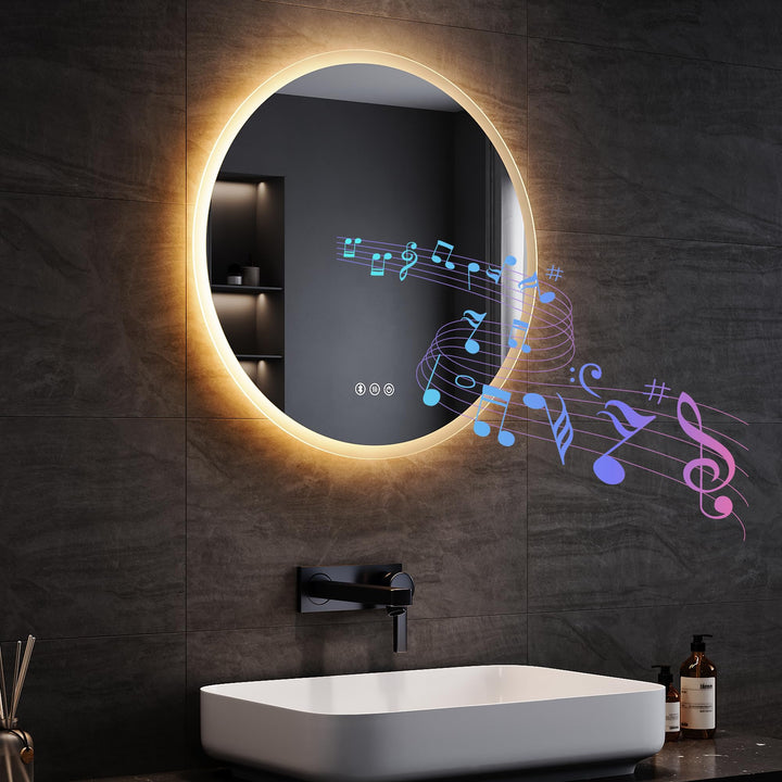 SONNI 60 cm Runder LED-Badspiegel mit Bluetooth & IP44, Dimmbare LED mit 3 Farbtemperaturen & Anti-B