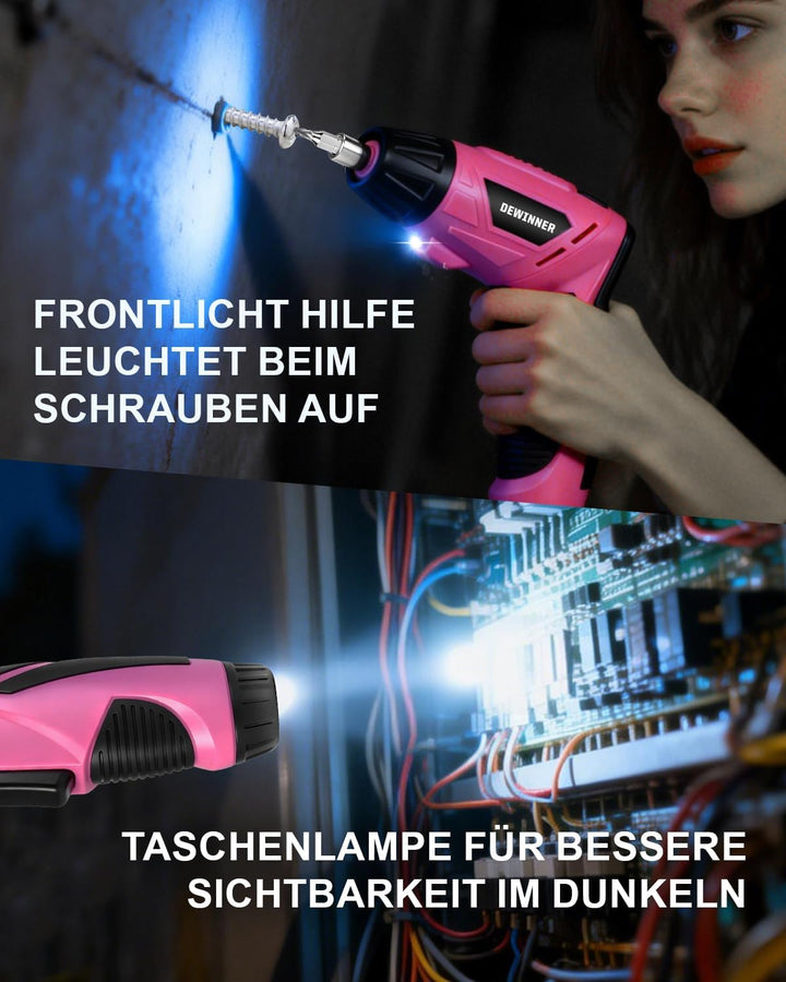 DEWINNER Akkuschrauber Rosa 3,6V 3N.m 1300mAh – Kompakter Bohrschrauber mit LED-Licht, USB-C Ladekab
