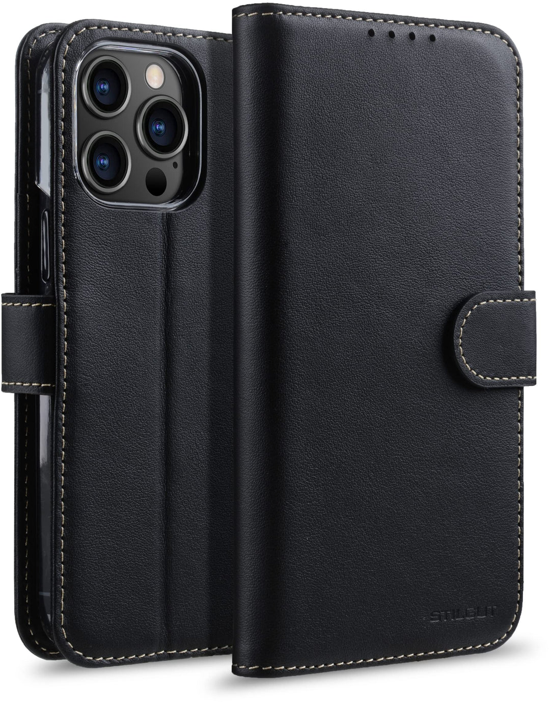 STILGUT Talis kompatibel mit iPhone 14 Plus (6.7") Hülle mit Kartenfach aus Leder, Flip Cover, Handy
