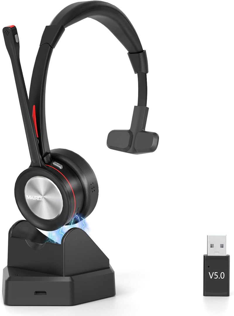 MAIRDI Bluetooth 5.0 Headset mit Mikrofon Noise Canceling, Mono Wireless Headset mit Ladestation, mi