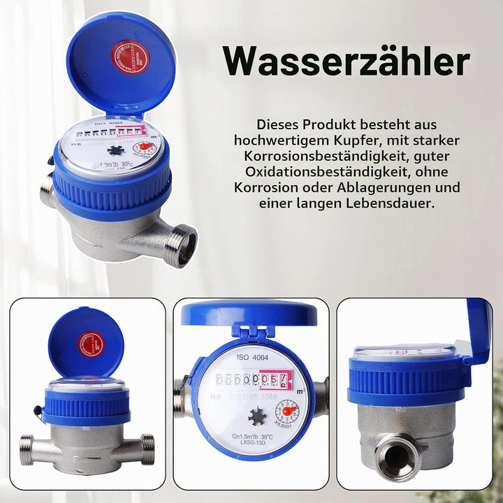 Wasserzähler Garten, 1/2 Zoll Geeicht Kalt Wasseruhr Haushalt Kaltwasserzähler mit Armaturen und Sch