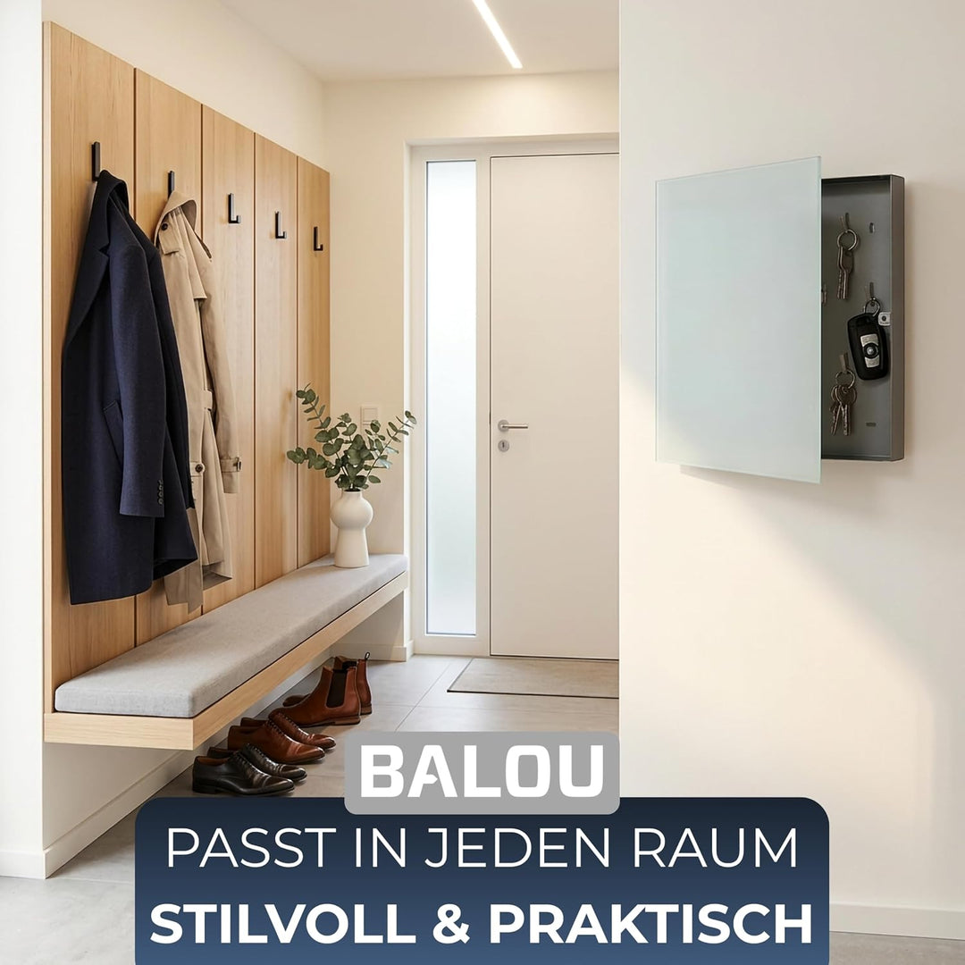 BALOU Schlüsselkasten modern mit Glas Magnettafel - Memoboard magnetisch mit 6 Magneten und Stift -