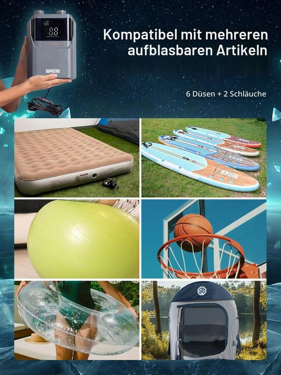 Niphean Elektrische Luftpumpe SUP mit (Extra-Langem) 300cm 12V Kabel, 50PSI SUP Pumpe Elektrisch für