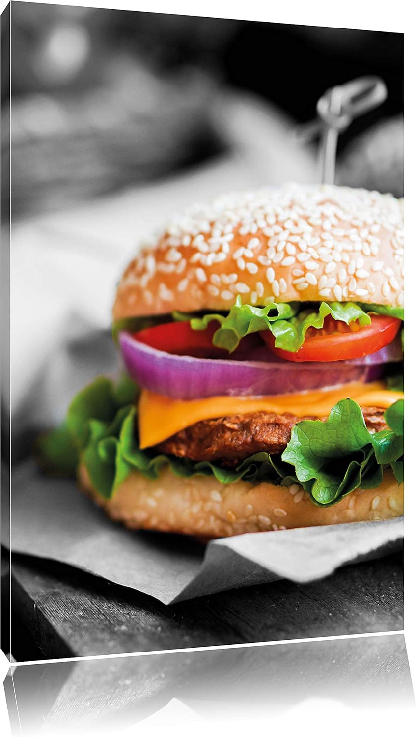 Pixxprint Perfekter Burger mit Pommes / 100x70cm Leinwandbild bespannt auf Holzrahmen/Wandbild Kunst