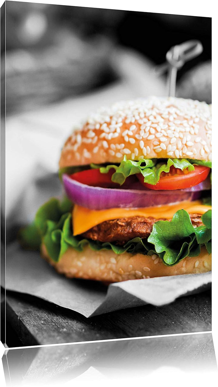 Pixxprint Perfekter Burger mit Pommes / 100x70cm Leinwandbild bespannt auf Holzrahmen/Wandbild Kunst