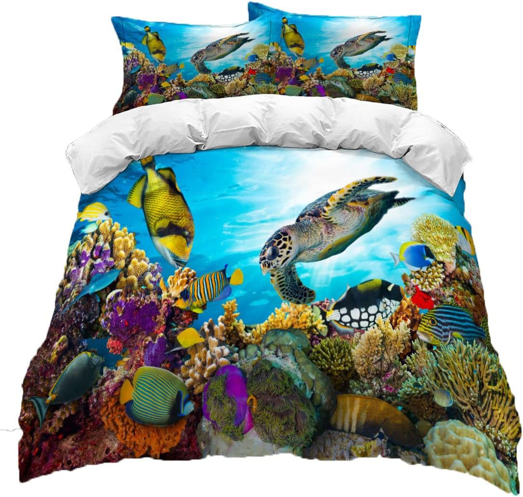 EHAOKK 3D Meer Tier Bettwäsche Set,Delfin,Tropischer Fisch,Korallen,Meeresleben Bettbezug,Blaue Unte