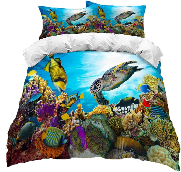 EHAOKK 3D Meer Tier Bettwäsche Set,Delfin,Tropischer Fisch,Korallen,Meeresleben Bettbezug,Blaue Unte