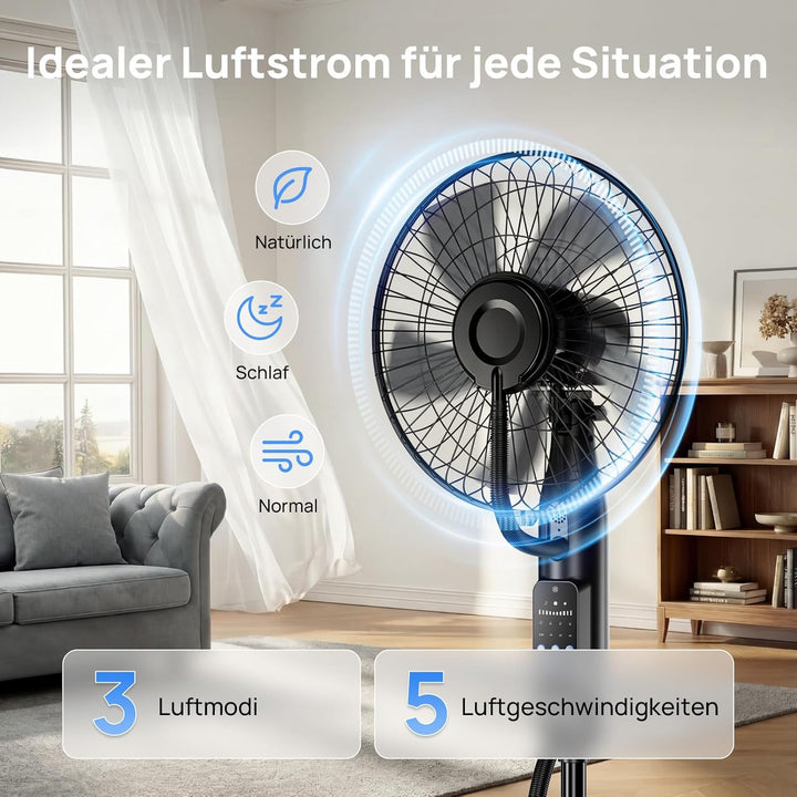 NebulaFlow Ventilator mit Nebel, 2026 Upgrade 4L Wassertank Standventilator, 7,5H Timer, 5 Geschw&3
