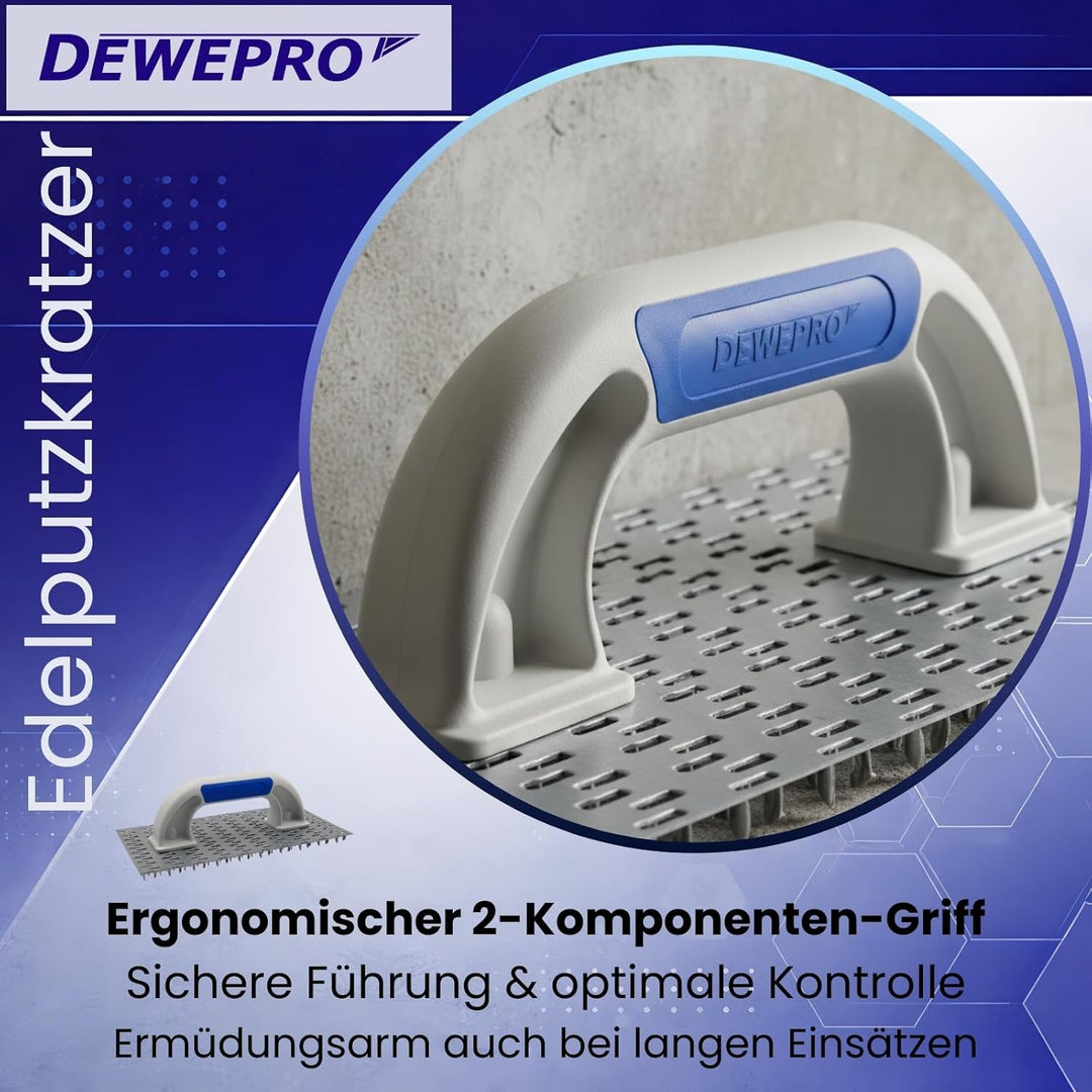 DEWEPRO Edelputzkratzer 250 x 130 mm für Mineralputz | Putzkratzer mit gezahnter Metallplatte, ca. 7