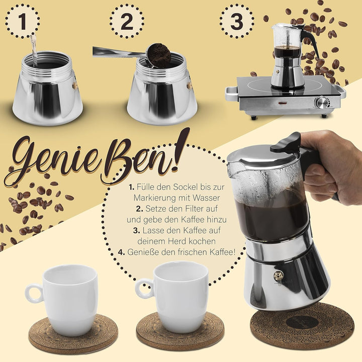 LION HOME Espressokocher | Glas &amp; Edelstahl Design für 6 Tassen | Inkl. Kork-Untersetzer | Für alle