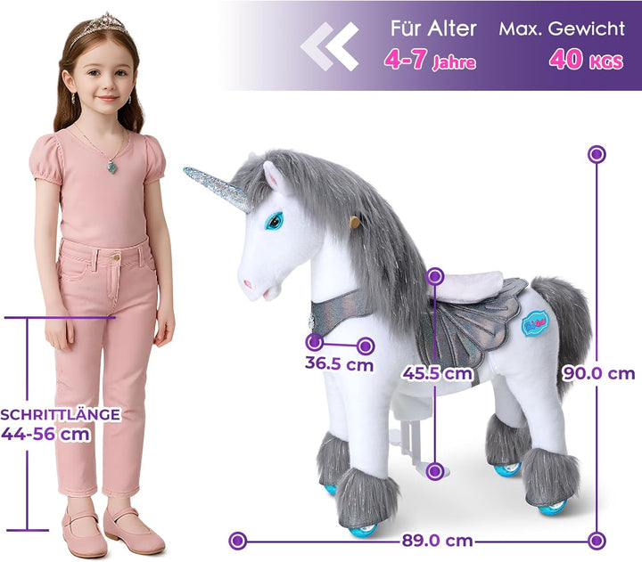 PonyCycle Modell Y Einhorn mit Rollen für Kinder 4–7 Jahre, Graues Reitbares Einhorn mit Sounds und