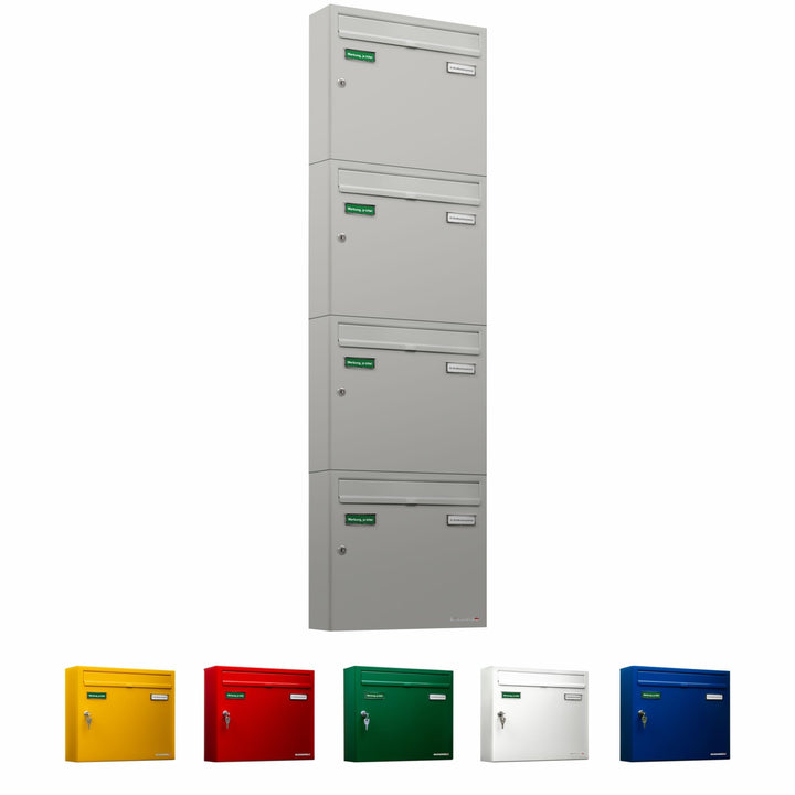 AL Briefkastensysteme Basic 4er Briefkasten RAL 9006 Weiss Aluminium Silber Edelstahl-farbig 4 Fach