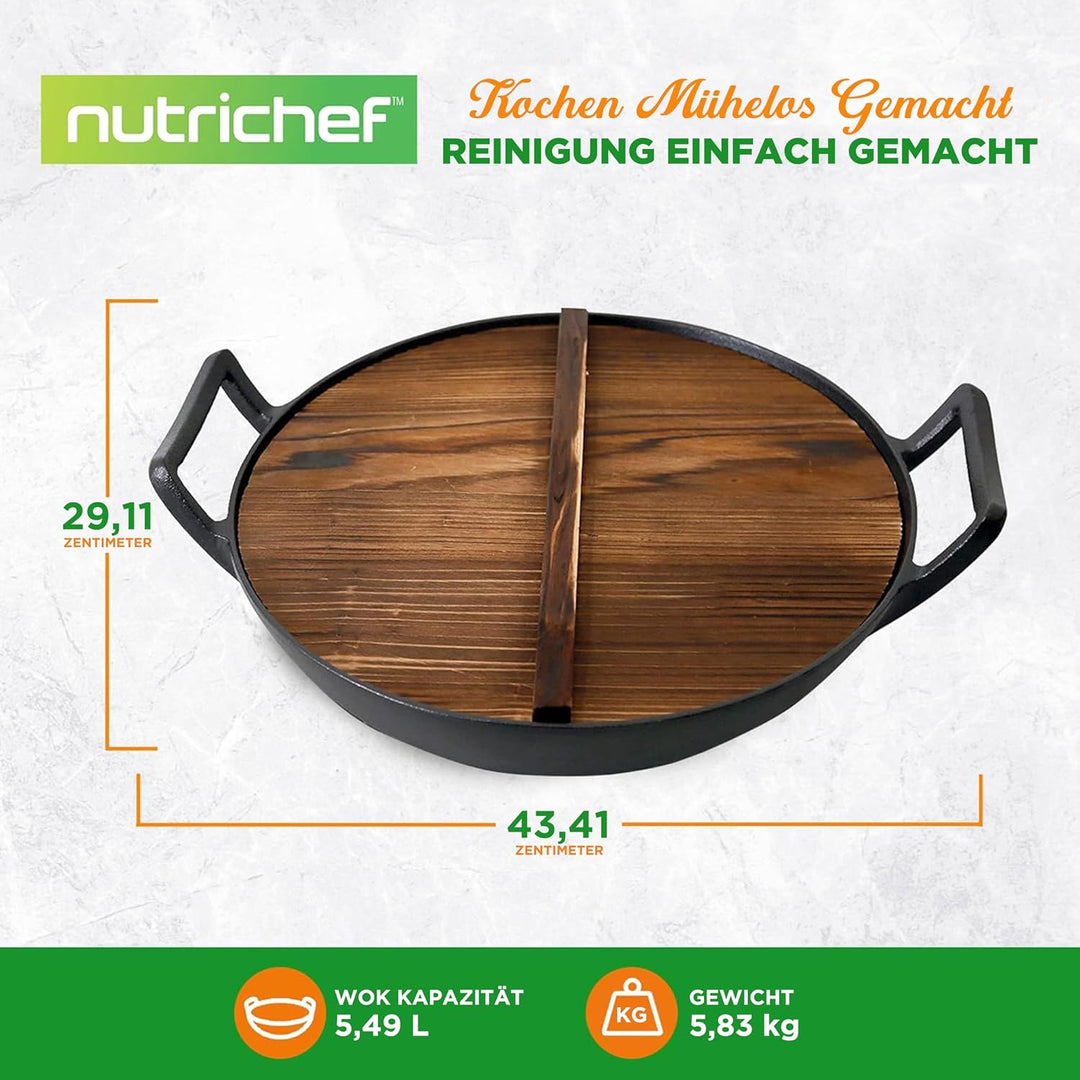 NutriChef Wokpfanne- Ø 30cm, Vorgewürztes- Wok Induktion- mit Holzdeckel | Gusseisenpfanne, Ideal zu