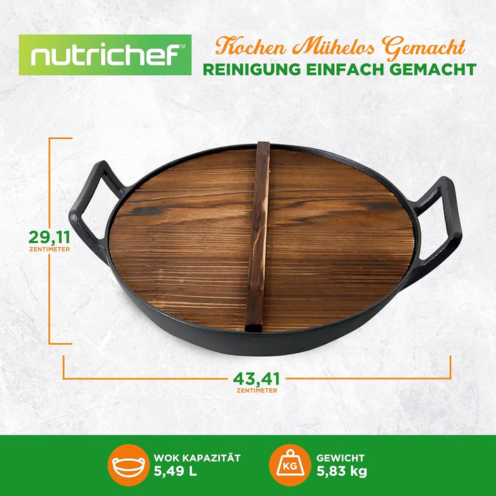 NutriChef Wokpfanne- Ø 30cm, Vorgewürztes- Wok Induktion- mit Holzdeckel | Gusseisenpfanne, Ideal zu