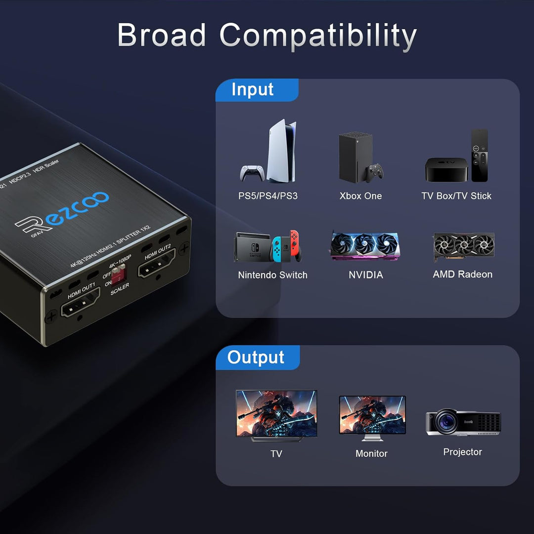 4K 120Hz HDMI 2.1 Splitter 8K 60Hz 1 in2 Out VRR ALLM HDCP2.3 HDR10 8KUHD Dolby Vision Atmos Scaler