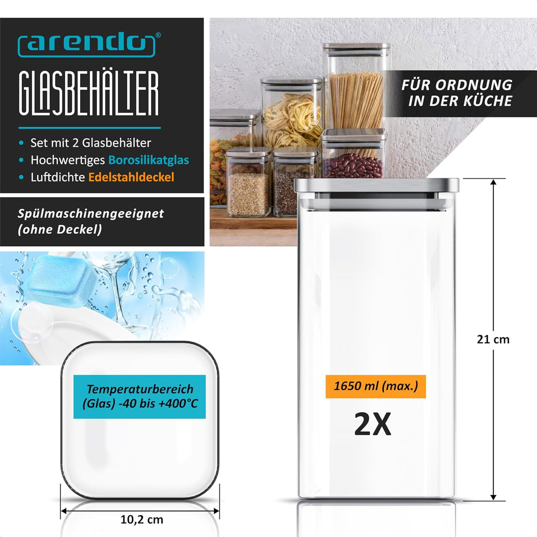 Arendo - Vorratsbehälter 1650ml mit Deckel Edelstahl - 2er Set - Behälter aus Glas – hitzebeständig