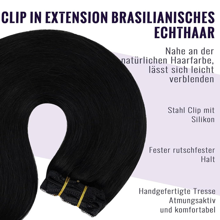 Clip in Extensions Echthaar Schwarz, 7 Stücke 120 g, 40 cm, seidig, Echthaar Haarverlängerung Clip i