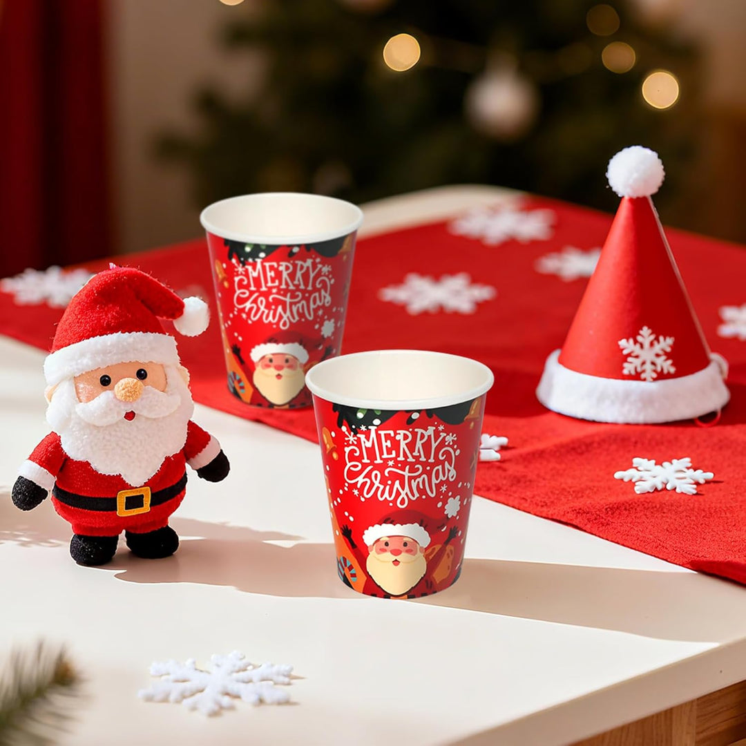 60 Stück Pappbecher WeihnachtsRot 9oz Party Tischdeko mit Cartoon Weihnachtsmann und Merry Christmas