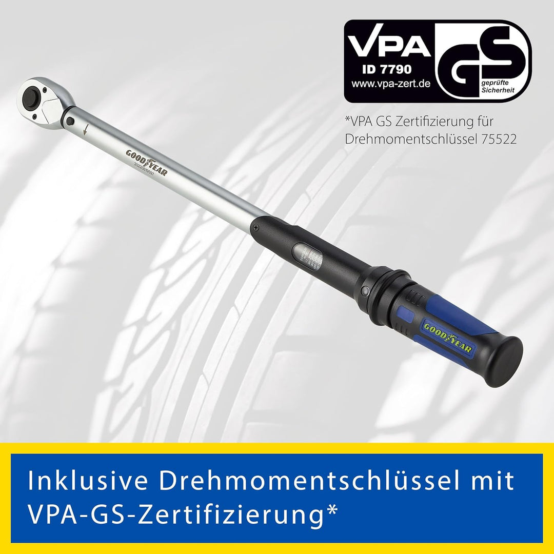 Goodyear Radwechselset, 6-teilig, Drehmomentschlüssel + Umschaltknarre + 3-tlg. Steckschlüsselsatz +