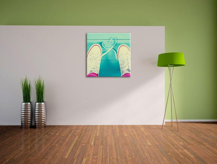 Herzform aus Schnürsenkeln, Format: 70x70 auf Leinwand, XXL riesige Bilder fertig gerahmt mit Keilra