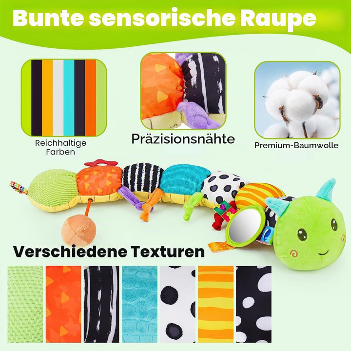 Baby Raupe Spielzeug 0-12 Monate, Musik Plüsch Bauchlage Spielzeug mit Rassel Knisterei Quietsche &