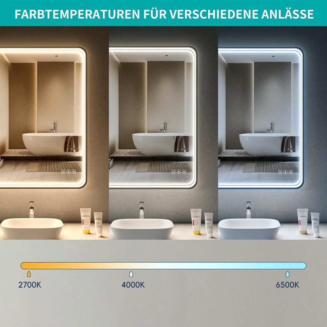 LED Badspiegel 50x70 cm mit Frontbeleuchtung, 3 Lichtfarben dimmbar, Touch-Schalter, Anti-Beschlag &