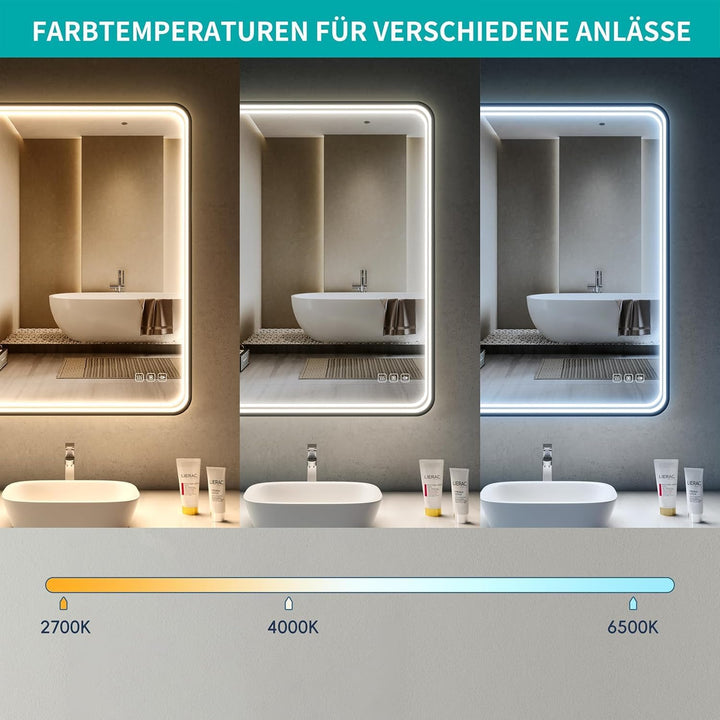 LED Badspiegel 50x70 cm mit Frontbeleuchtung, 3 Lichtfarben dimmbar, Touch-Schalter, Anti-Beschlag &