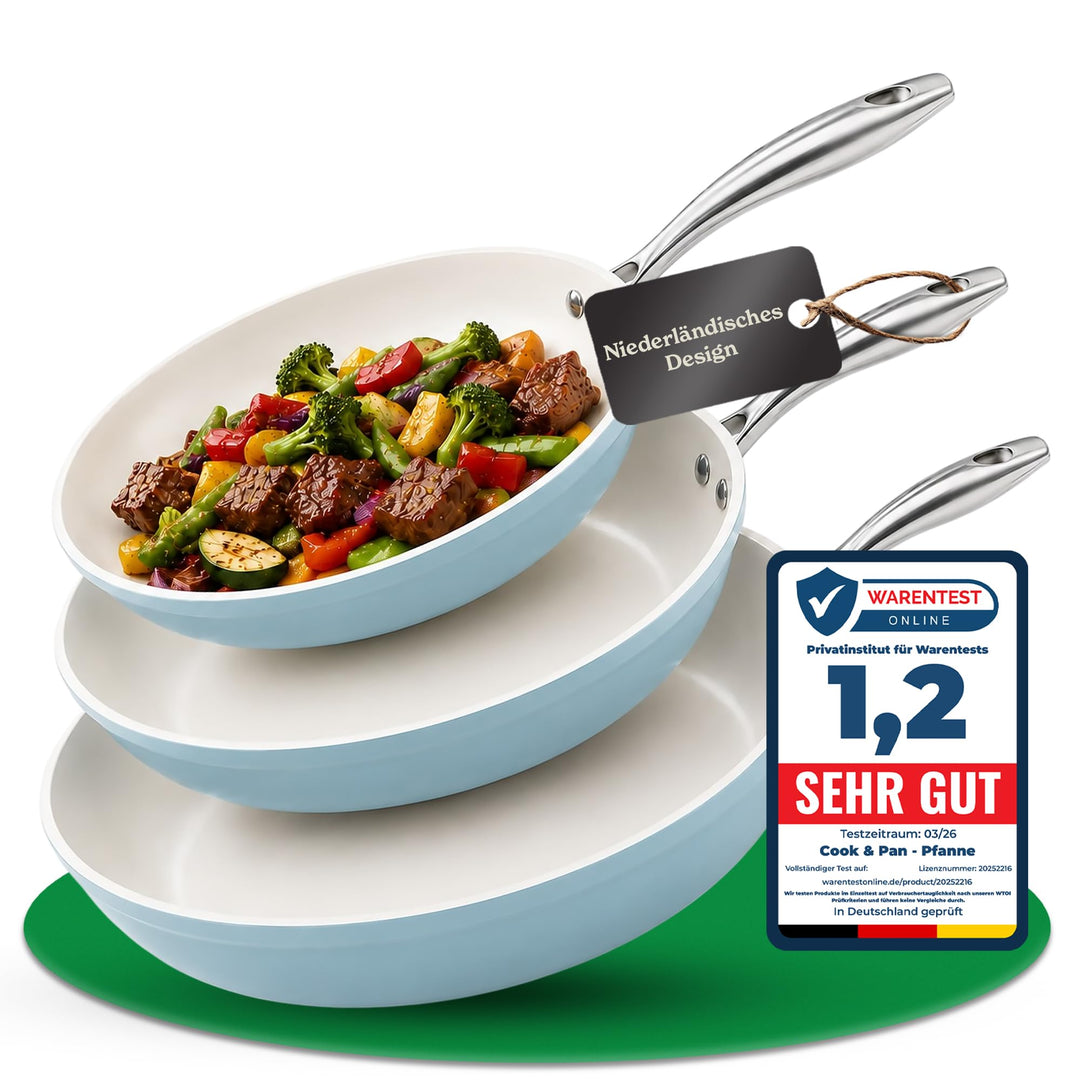 Cook & Pan - Go Blue Topfset und Pfannenset, 3-teilig-Induktionsgeeignet-PFAS frei Keramik-Beschicht