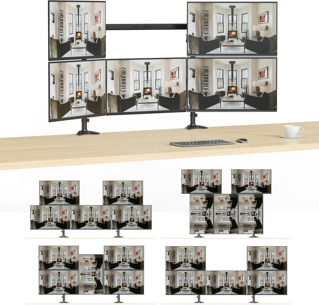 HFTEK Monitorhalterung für 5 Monitore: Oben 27–32" (bis 8 kg/Arm), unten 15–27" (Mitte bis 12 kg). H