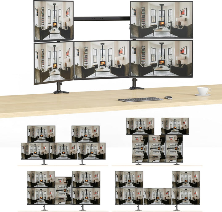 HFTEK Monitorhalterung für 5 Monitore: Oben 27–32" (bis 8 kg/Arm), unten 15–27" (Mitte bis 12 kg). H