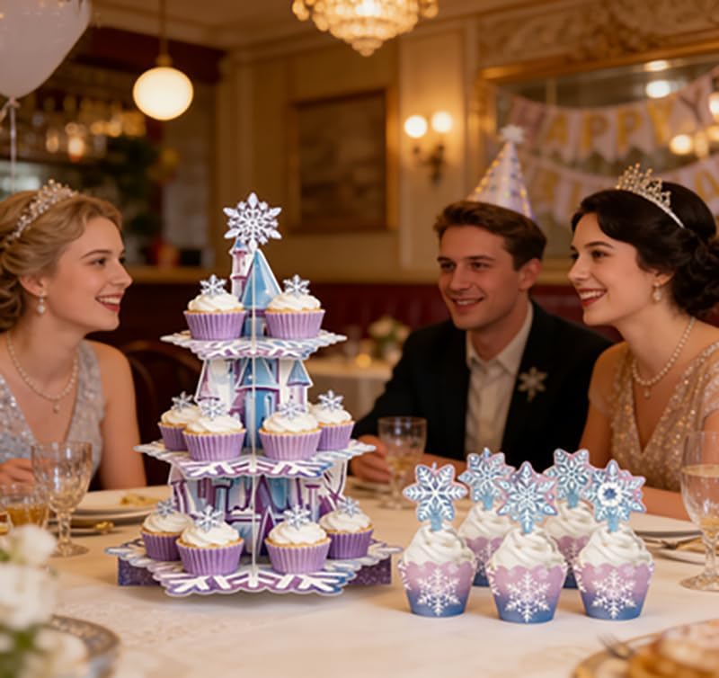 Blau-lila Schneeschloss-Tortenständer, Cupcake-Ränder und kleine Dekostäbchen, Schneeschloss, dreist