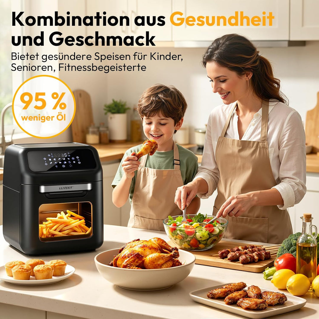 LLIVEKIT Heissluftfritteuse Heissluft-Backofen 12L, Mini-Backofen 1800W mit 6 Zubehör & Rezeptbuch,