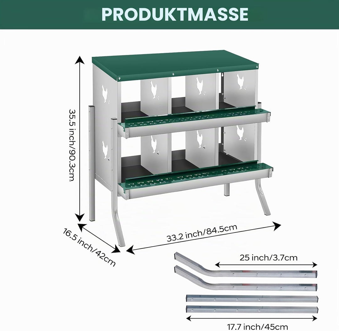 Legenester Für Hühner 6 Abteile, 84.5 x 42 x 90.3CM, Rollnestkasten Hühnernest Aus Metall Mit Auffan