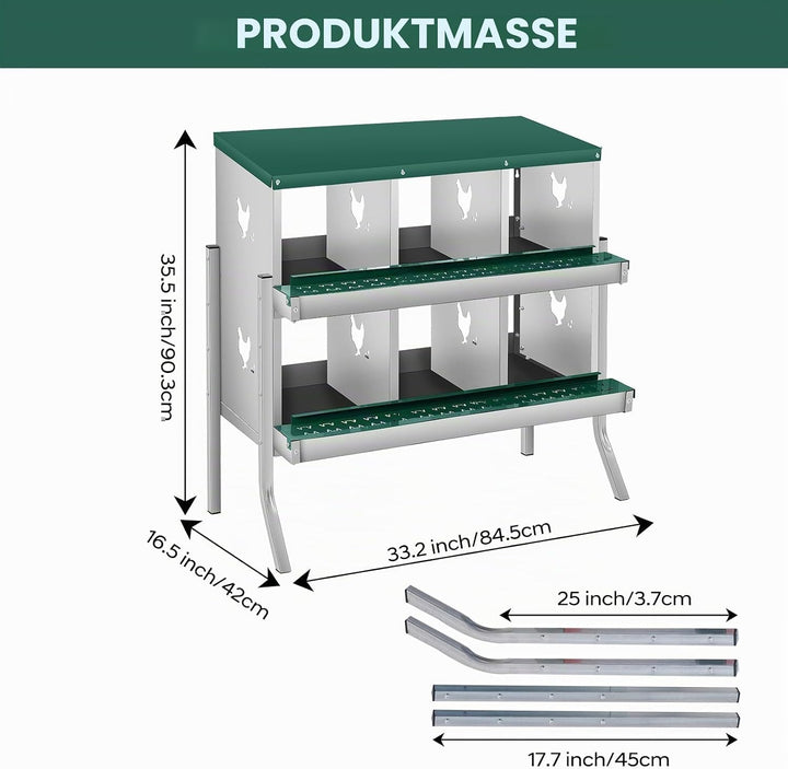 Legenester Für Hühner 6 Abteile, 84.5 x 42 x 90.3CM, Rollnestkasten Hühnernest Aus Metall Mit Auffan