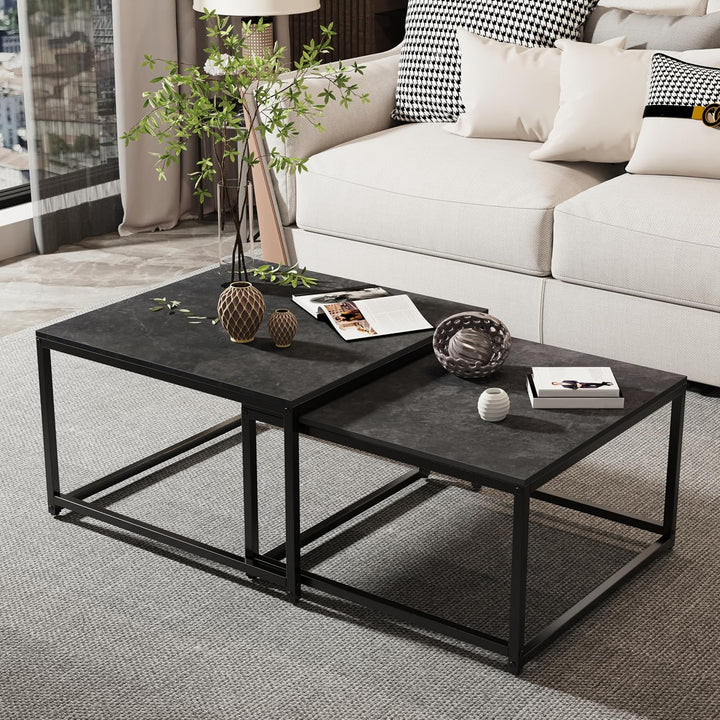 FATIVO Couchtisch Schwarz Marmor Wohnzimmertisch: beistelltisch 2er Set modern sofatisch quadratisch