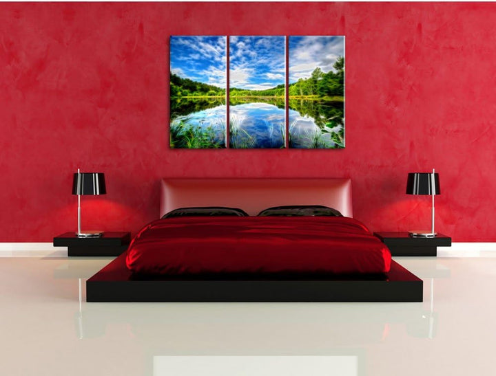 Pixxprint See im Wald / 3-Teilig/Gesamtmass 120cm Leinwandbild bespannt auf Holzrahmen/Wandbild Kuns