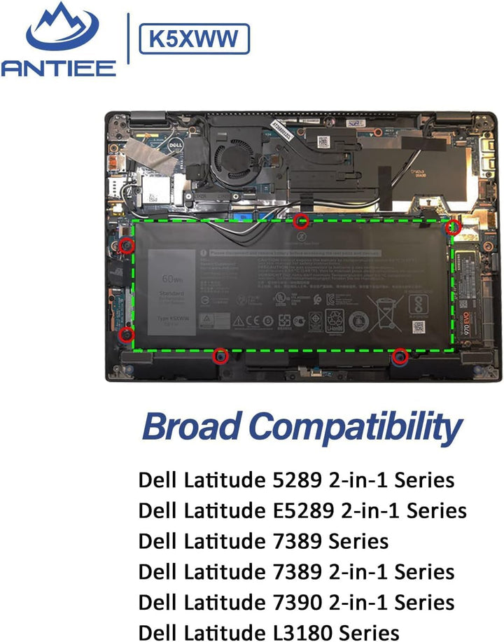 ANTIEE 7.6V 60Wh K5XWW Laptop Akku Compatible with Dell Latitude 5289 7389 7390 E5289 P29S001 P29S00
