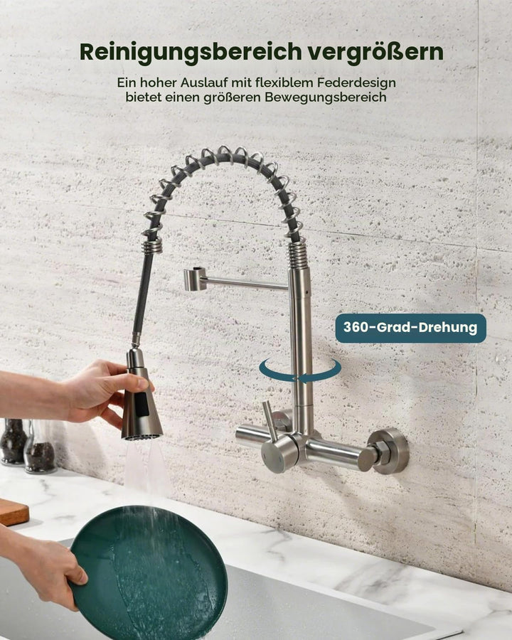 DAYONE Wandmontage Küchenarmatur mit Herunterziehbare Brause, Hochdruck Edelstahl Mischbatterie Arma
