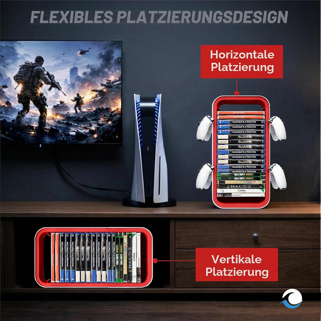 Universal Games Storage Tower Pro - Bis zu 18 Spiele - Mit Controller Halterung für bis zu 4 Gamepad